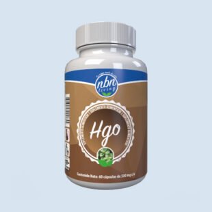 Un frasco de suplemento dietético nbn livera con la etiqueta "hgo" con una etiqueta marrón y azul, con un logotipo verde y un texto que indica 60 cápsulas, cada una de 500 mg.