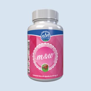 Una botella de suplementos dietéticos con una colorida etiqueta rosa y azul, con la marca "nbh Nature" y el nombre del producto "ms&w". la etiqueta también muestra un gráfico de frambuesa y el contenido indica "60 cápsulas de 500 mg".