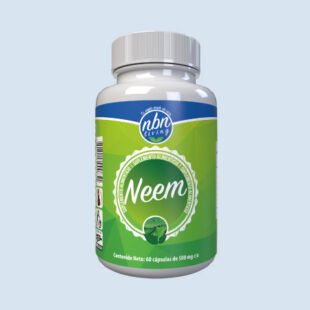 Un frasco de cápsulas de neem con la etiqueta "nbn neem" sobre un fondo azul claro, que contiene 60 cápsulas de 500 mg cada una. la etiqueta es principalmente verde y azul con un gráfico de hoja de neem.