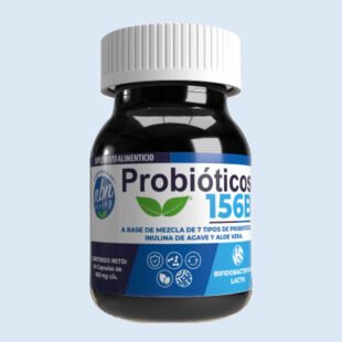 Un frasco de probióticos con la etiqueta "probióticos 156" con un diseño en azul y blanco, destacando ingredientes como la inulina de agave y el aloe vera, sobre un fondo azul claro.